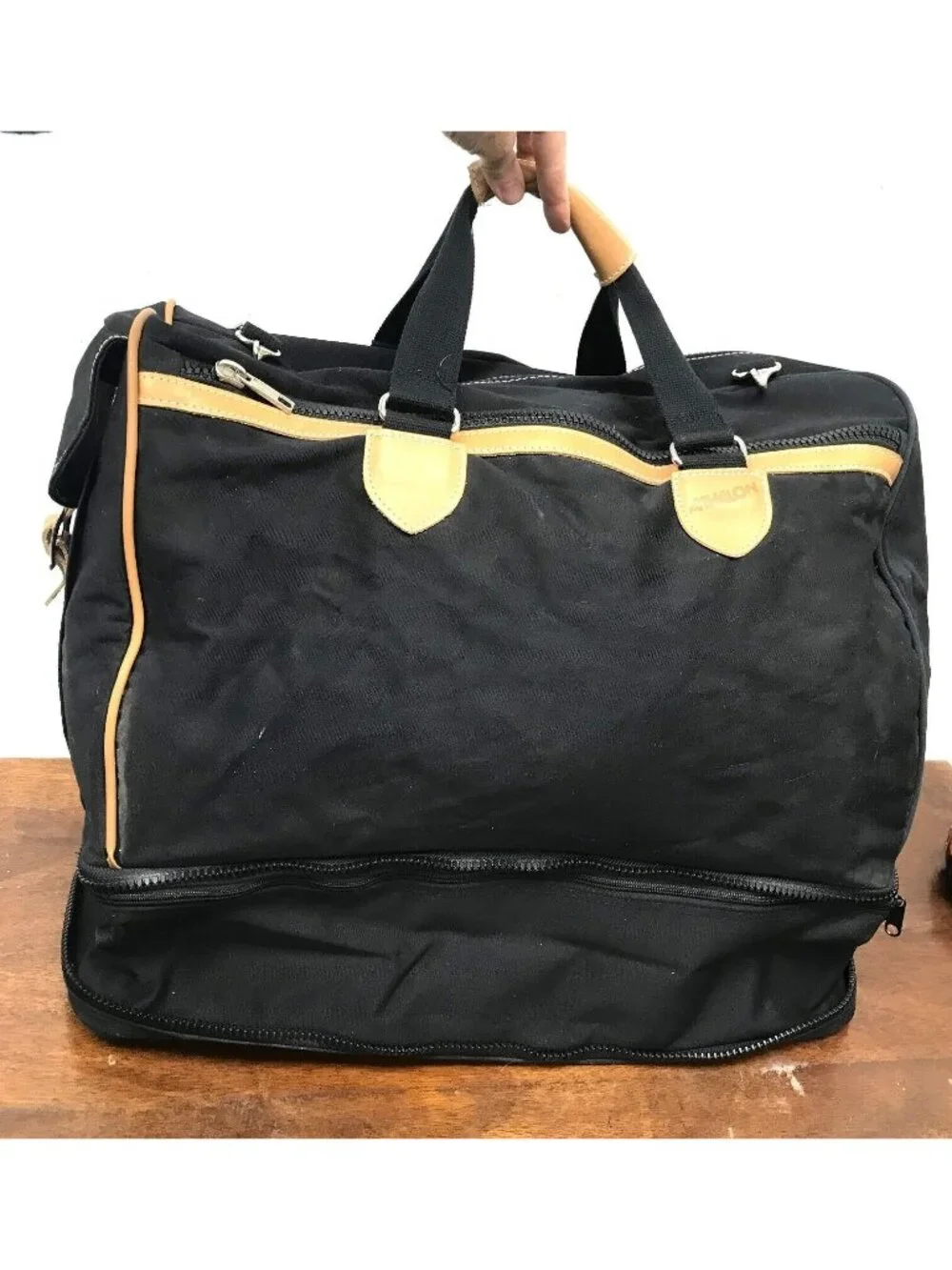 ATHALON Black Canvas Duffle Bag Shoulder Strap Expandable Leather Trim 19X15X13